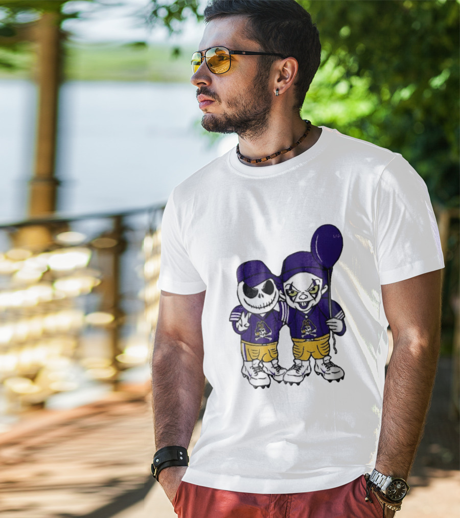 East Carolina Pirates NCAA Jack Skellington Pennywise Clown Purple Balloon T-Shirt