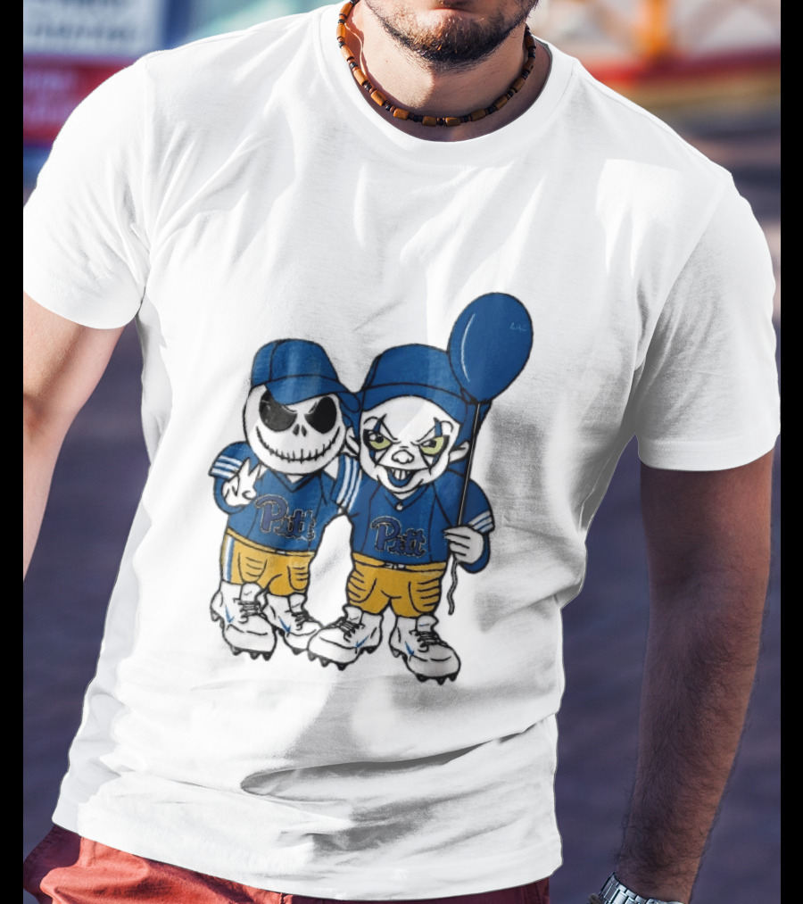 Pittsburgh Panthers NCAA Football Jack Skellington Clown Cartoon Players Blue Balloon T-Shirt