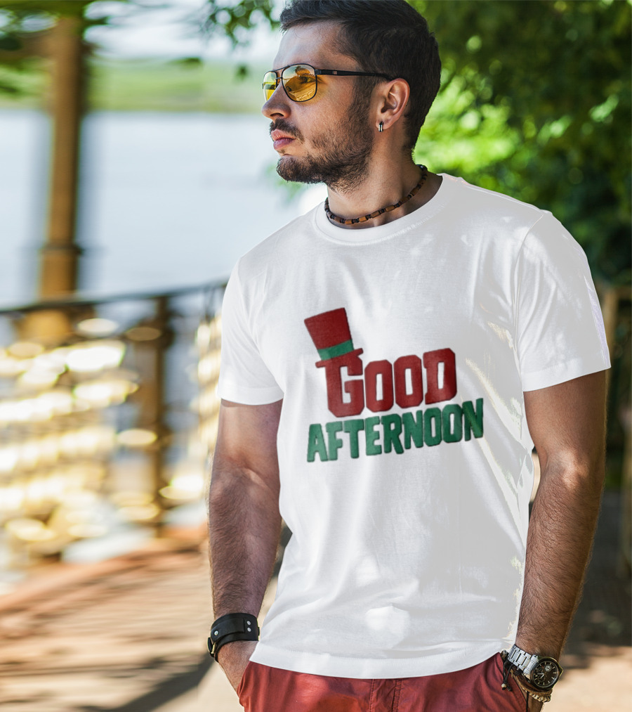 Good Afternoon Red Top Hat Green Letters T-Shirt