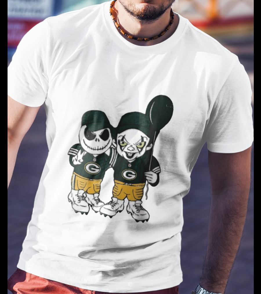 Green Bay Packers Jack Skellington Clown Balloon Cartoon Caricature Duo T-Shirt