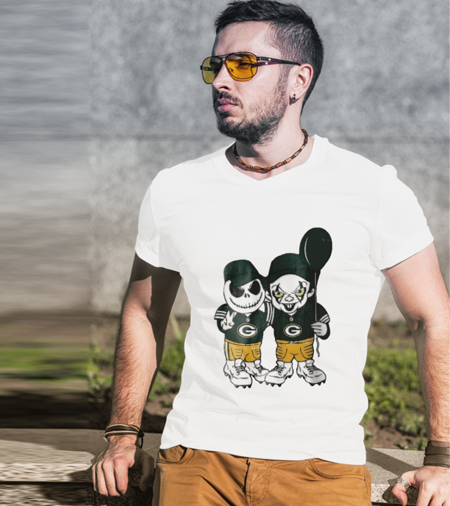 Green Bay Packers Jack Skellington Clown Balloon Cartoon Caricature Duo T-Shirt