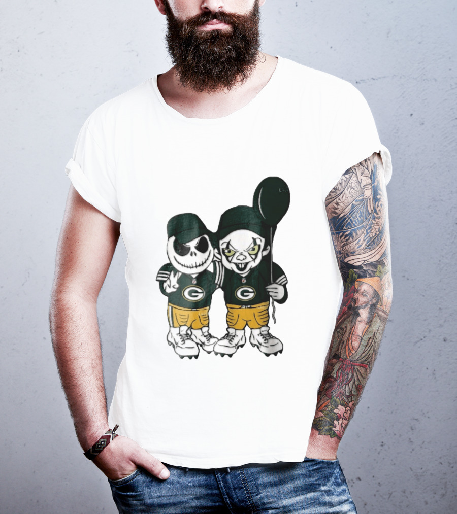 Green Bay Packers Jack Skellington Clown Balloon Cartoon Caricature Duo T-Shirt