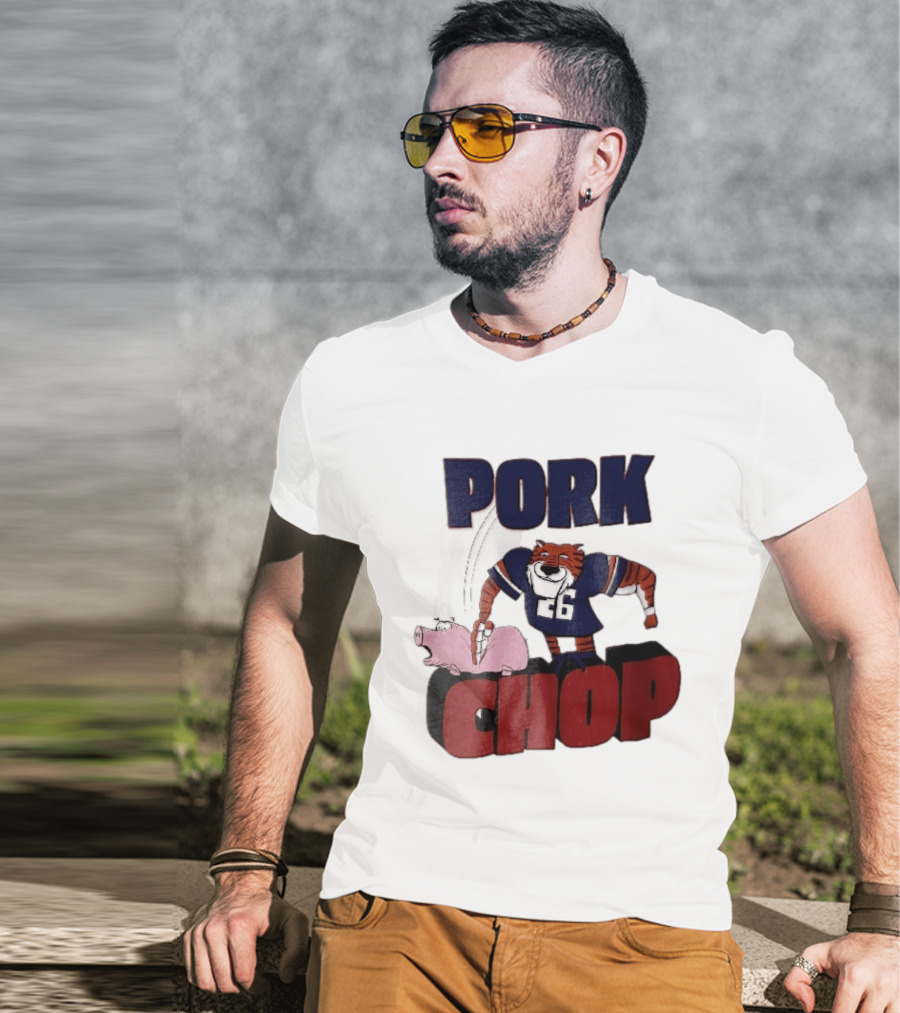 Pork Chop Cartoon Tiger 26 Football Player Hitting Pig T-Shirt