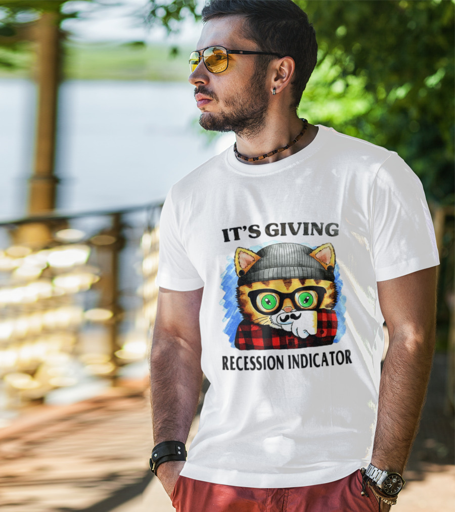 Hipster Cat Glasses Beanie Flannel It's Giving Recession Indicator T-Shirt