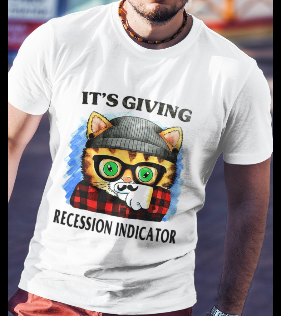 Hipster Cat Glasses Beanie Flannel It's Giving Recession Indicator T-Shirt