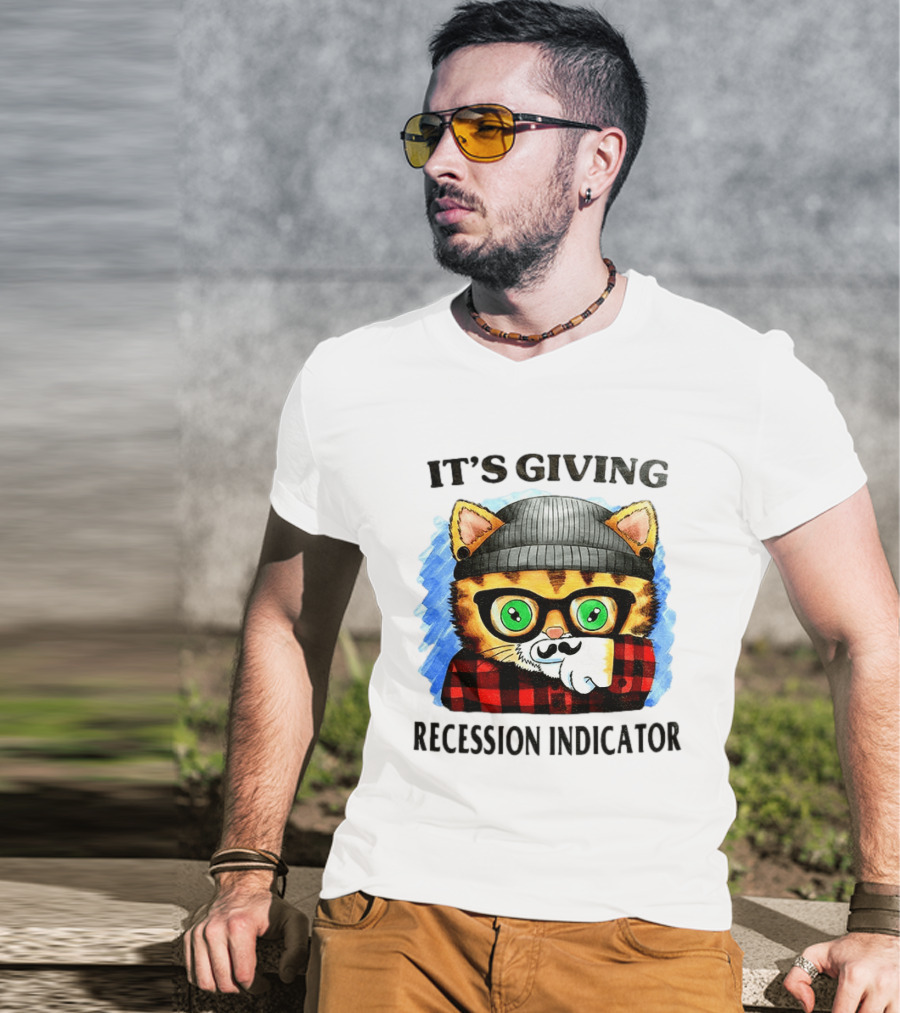 Hipster Cat Glasses Beanie Flannel It's Giving Recession Indicator T-Shirt