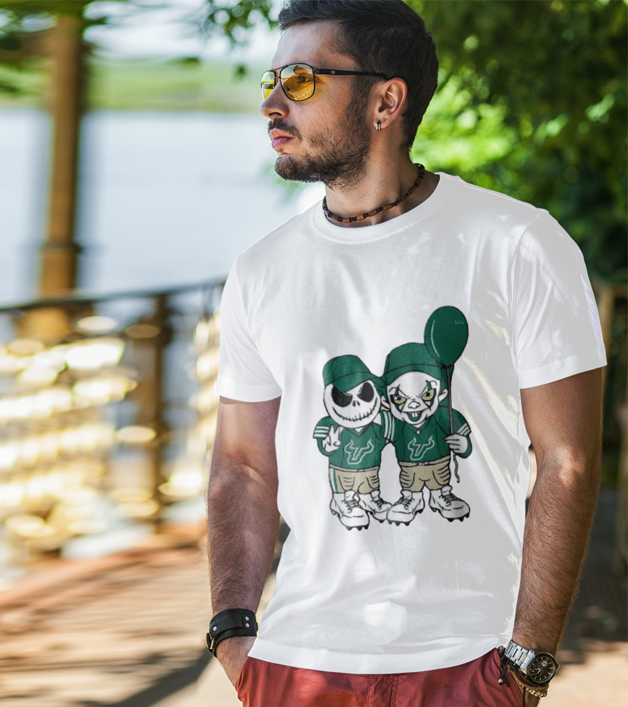 South Florida Bulls Skeleton And Evil Clown With Balloon NCAA Cartoon T-Shirt