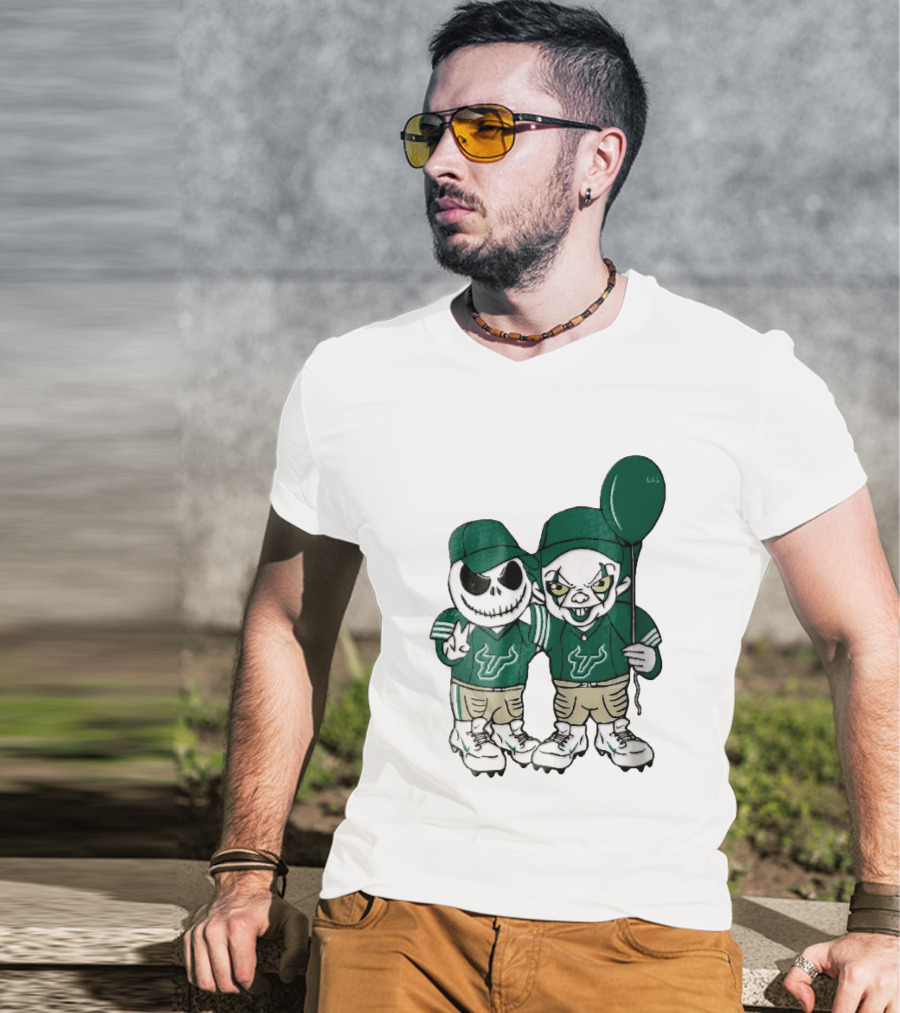 South Florida Bulls Skeleton And Evil Clown With Balloon NCAA Cartoon T-Shirt