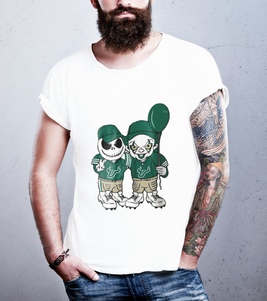 South Florida Bulls Skeleton And Evil Clown With Balloon NCAA Cartoon T-Shirt