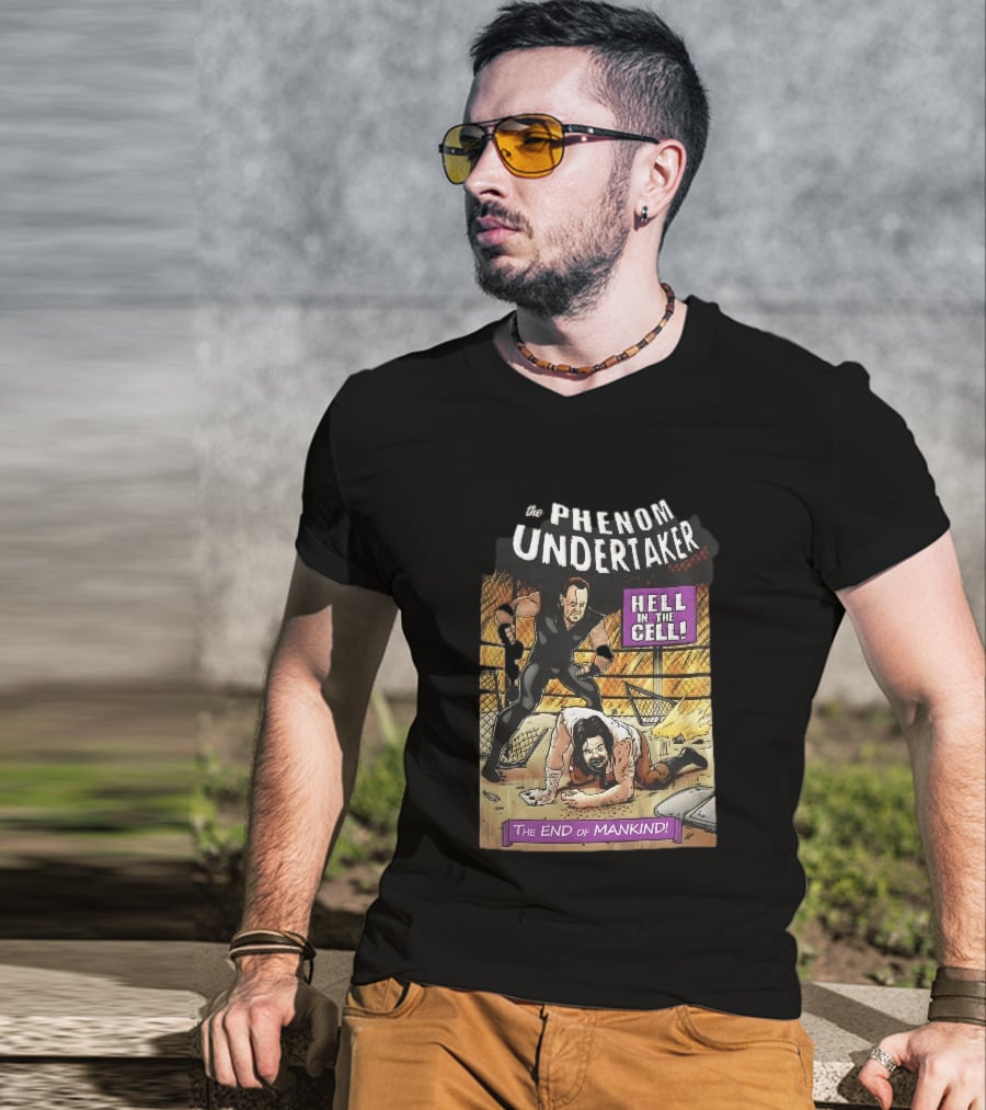 The Phenom Undertaker Hell In The Cell End Of Mankind Cartoon Wrestler Standing Over Opponent T-Shirt