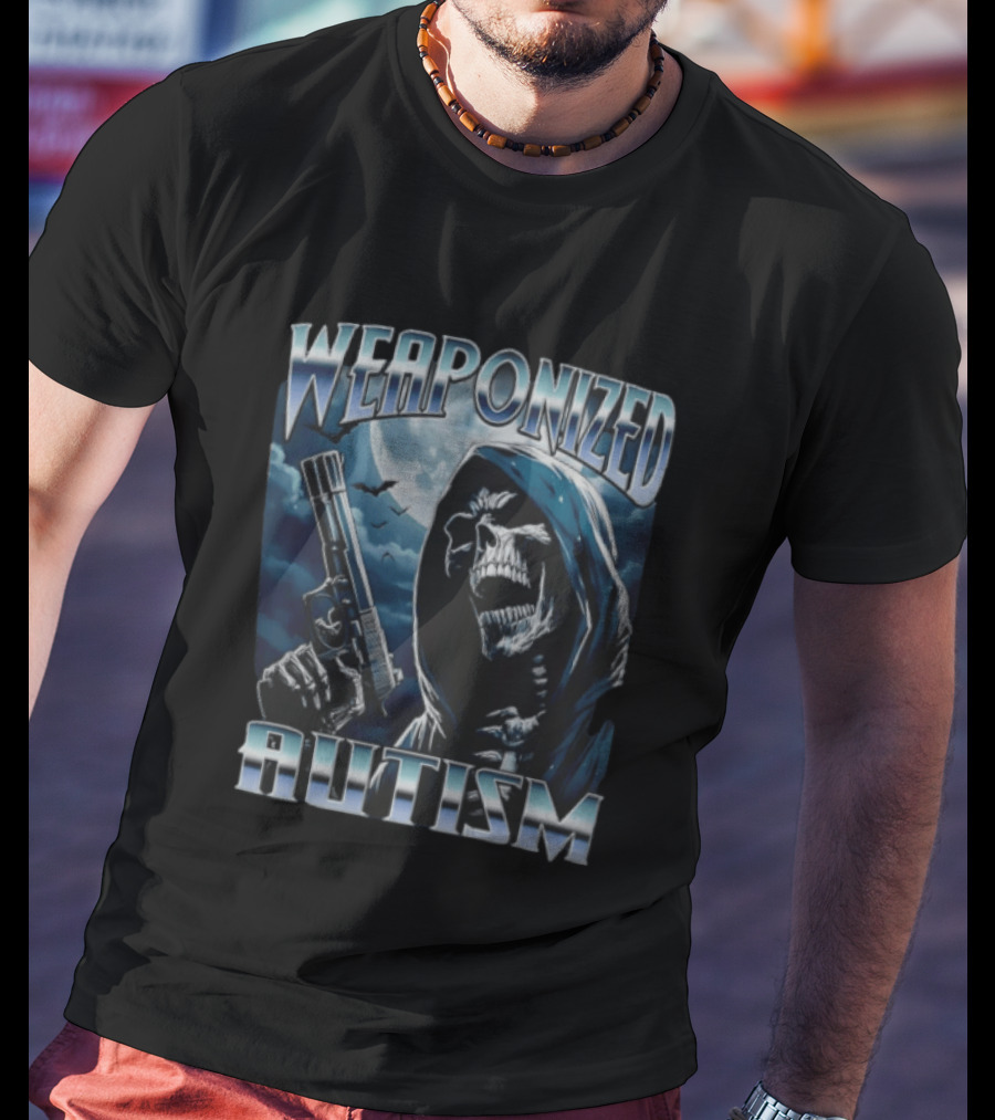 Weaponized Autism Skeleton With Gun Under Moonlight T-Shirt