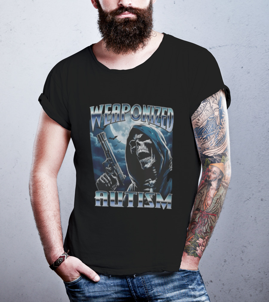Weaponized Autism Skeleton With Gun Under Moonlight T-Shirt
