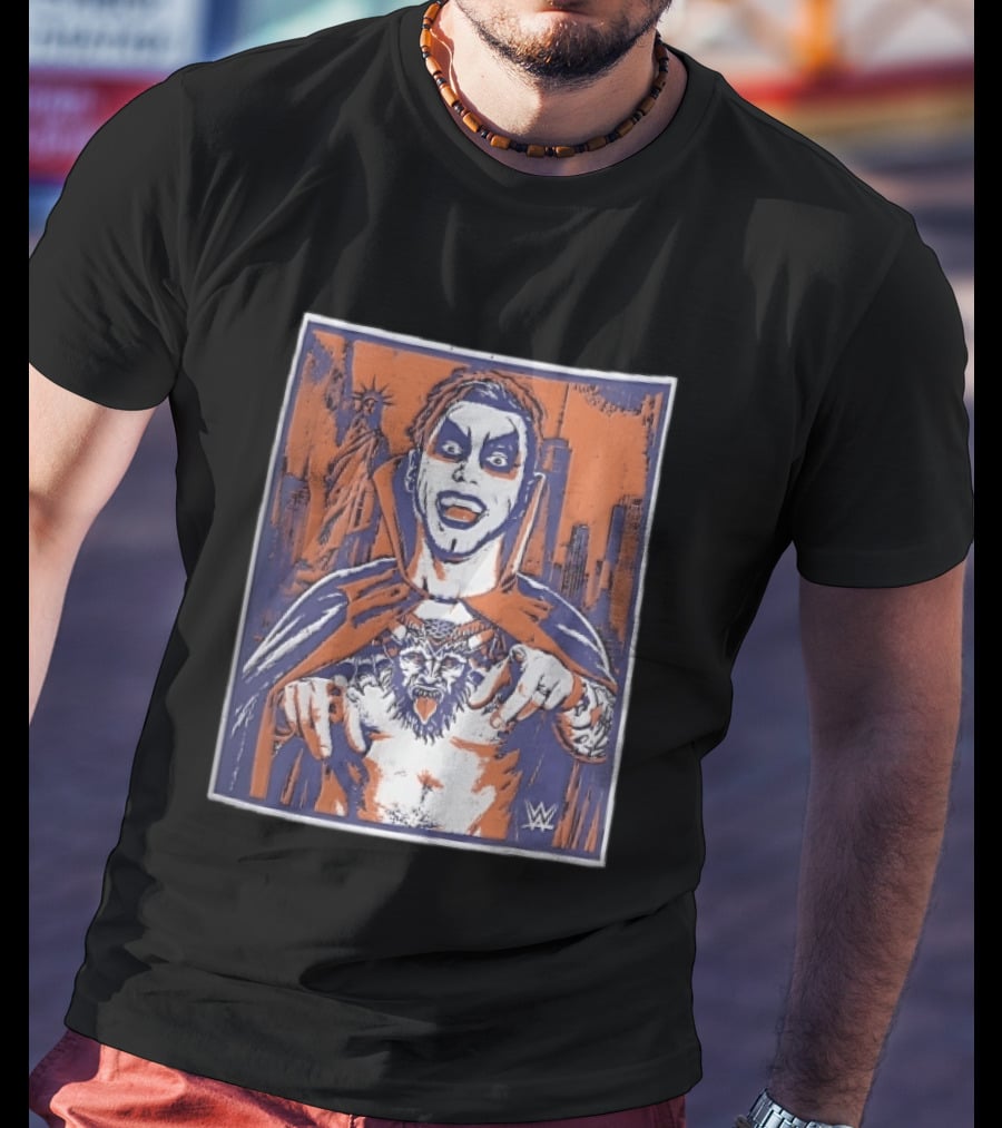 WWE Facepaint Wrestler At Liberty Statue Skyline With Demon Tattoo T-Shirt