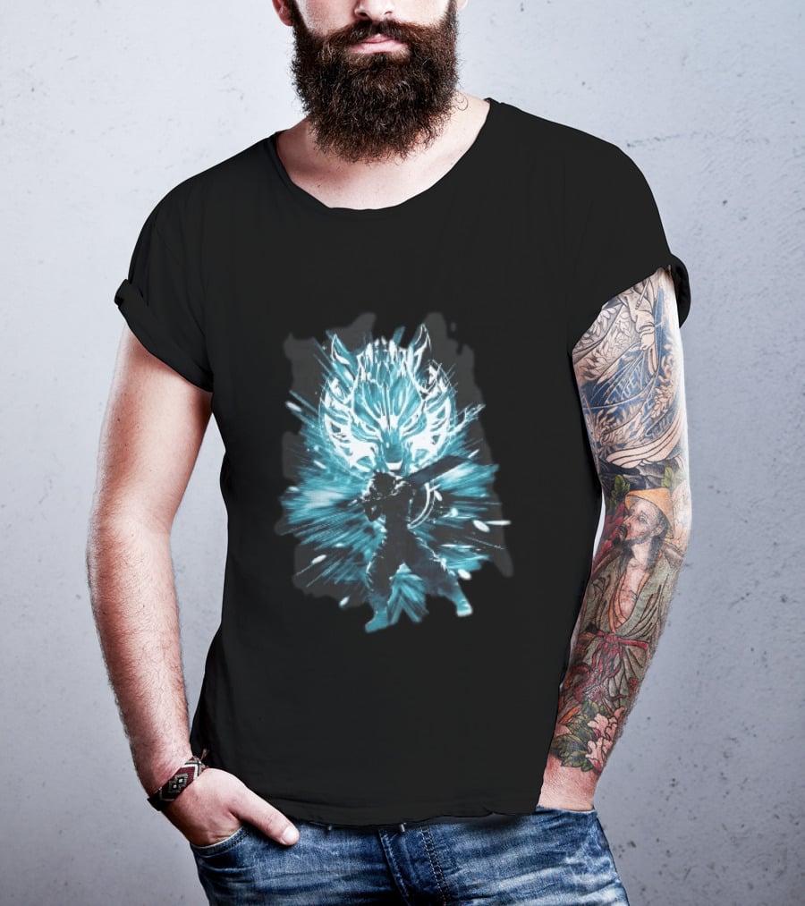 Cloud Strife Buster Sword Wolf Blue Energy Burst T-Shirt