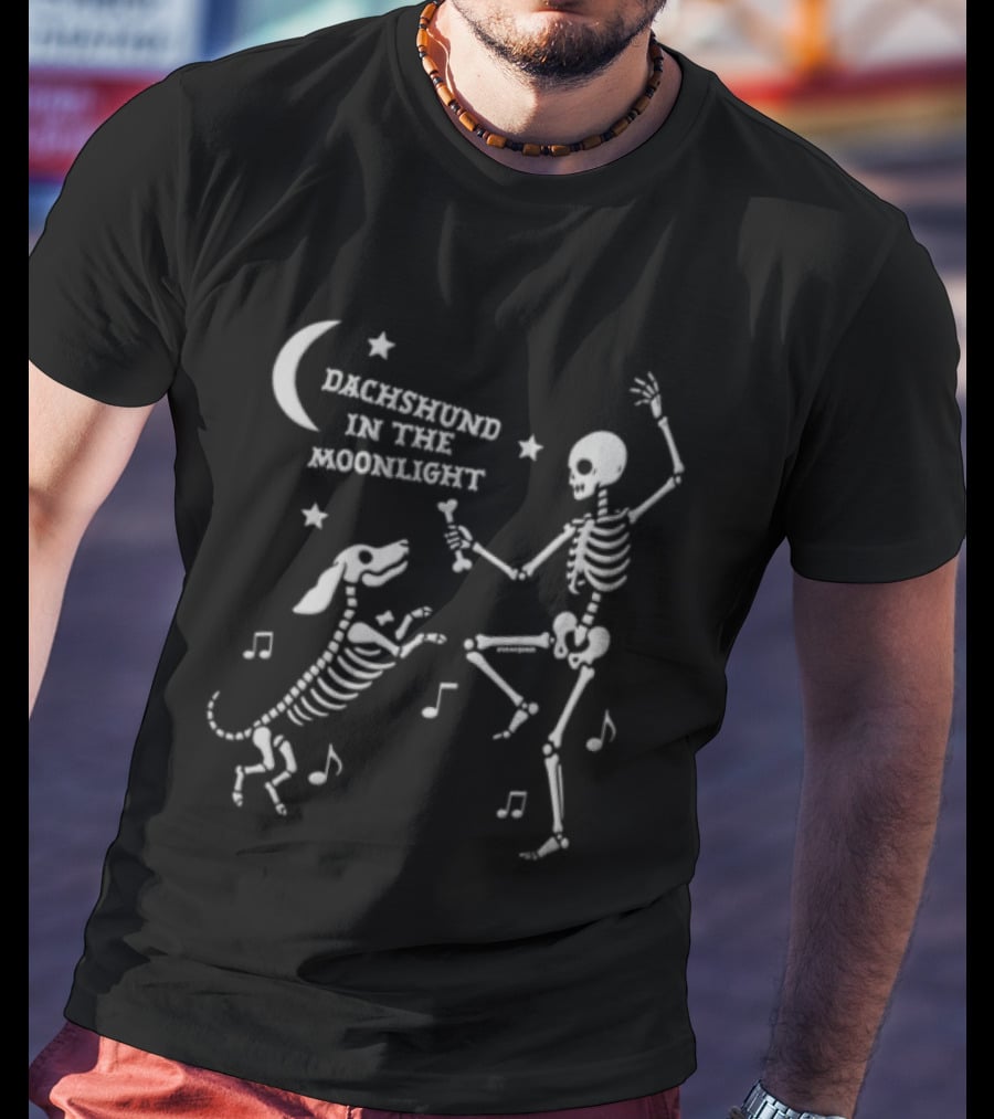 Dachshund In The Moonlight Skeleton Dancing With Dog Music Notes T-Shirt
