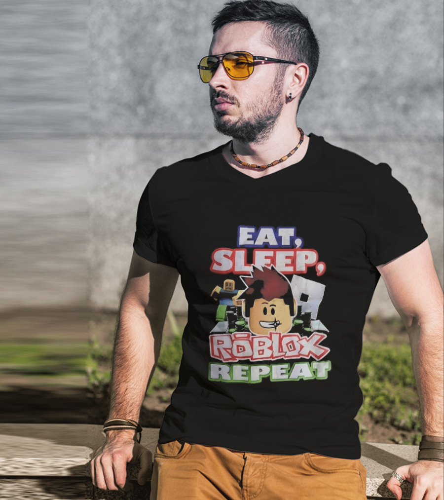 Eat Sleep Roblox Repeat Cartoon Avatar Noob Running Cash Stacks T-Shirt