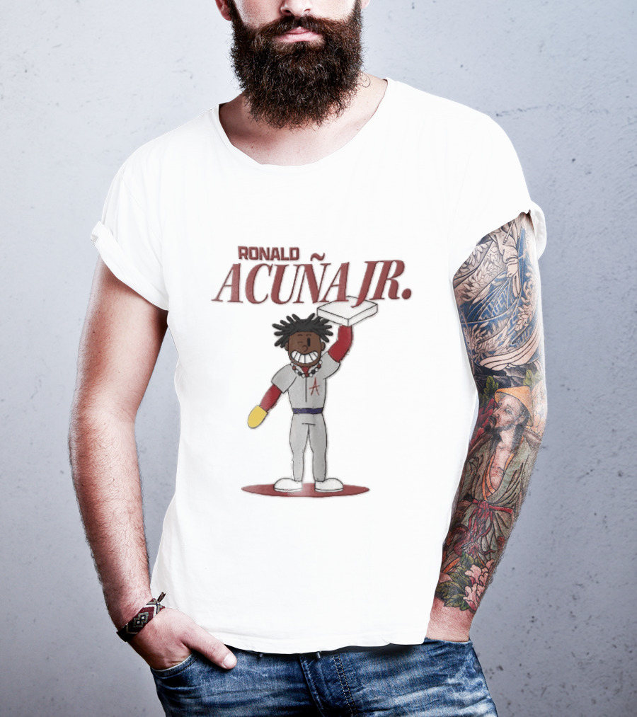 Ronald Acuna Jr Cartoon Caricature Holding Baseball Base Atlanta Braves MLB T-Shirt