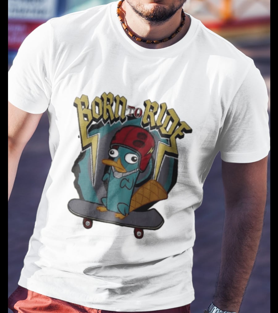 Born To Ride Cartoon Platypus Red Helmet Skateboard T-Shirt