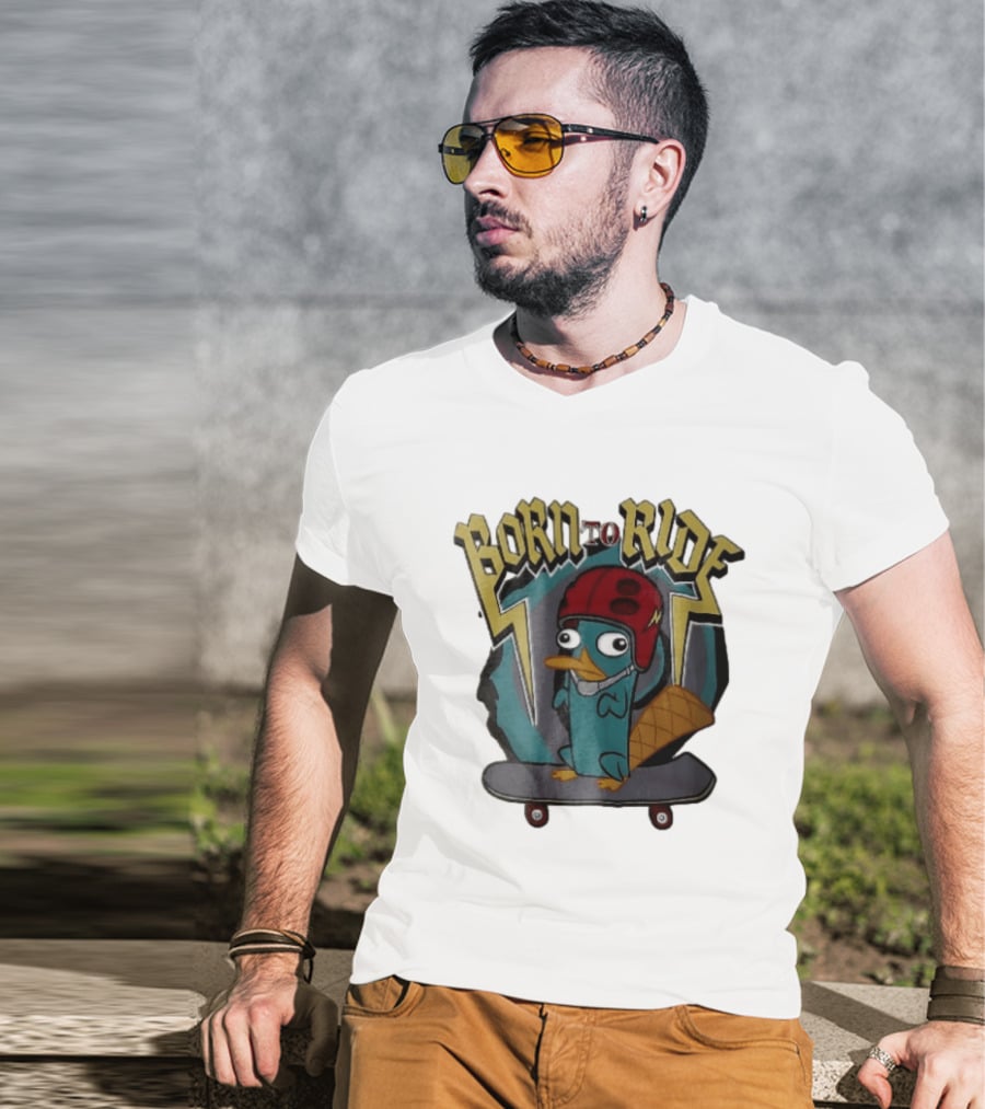 Born To Ride Cartoon Platypus Red Helmet Skateboard T-Shirt