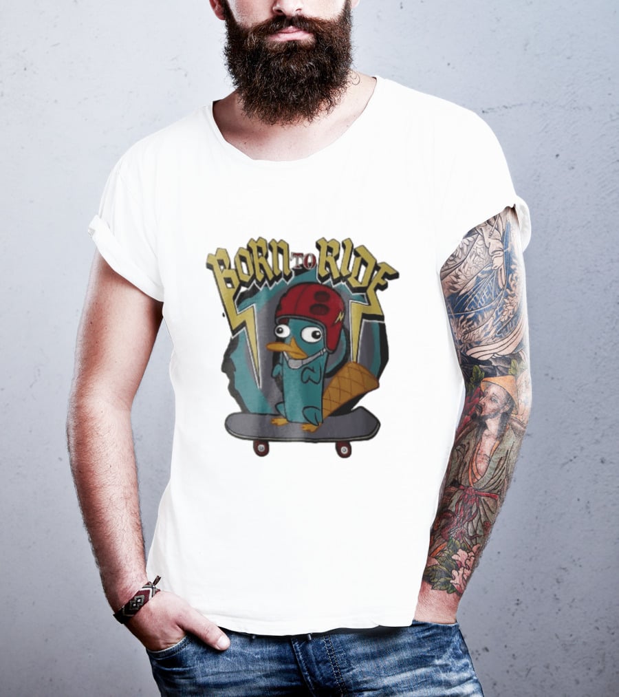 Born To Ride Cartoon Platypus Red Helmet Skateboard T-Shirt