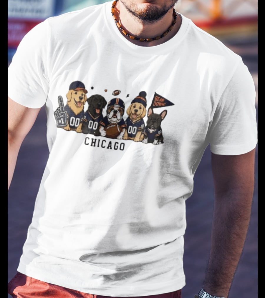 Chicago Bears Bear Down Five Cartoon Dogs In Football Jerseys With Flag And Foam Finger T-Shirt
