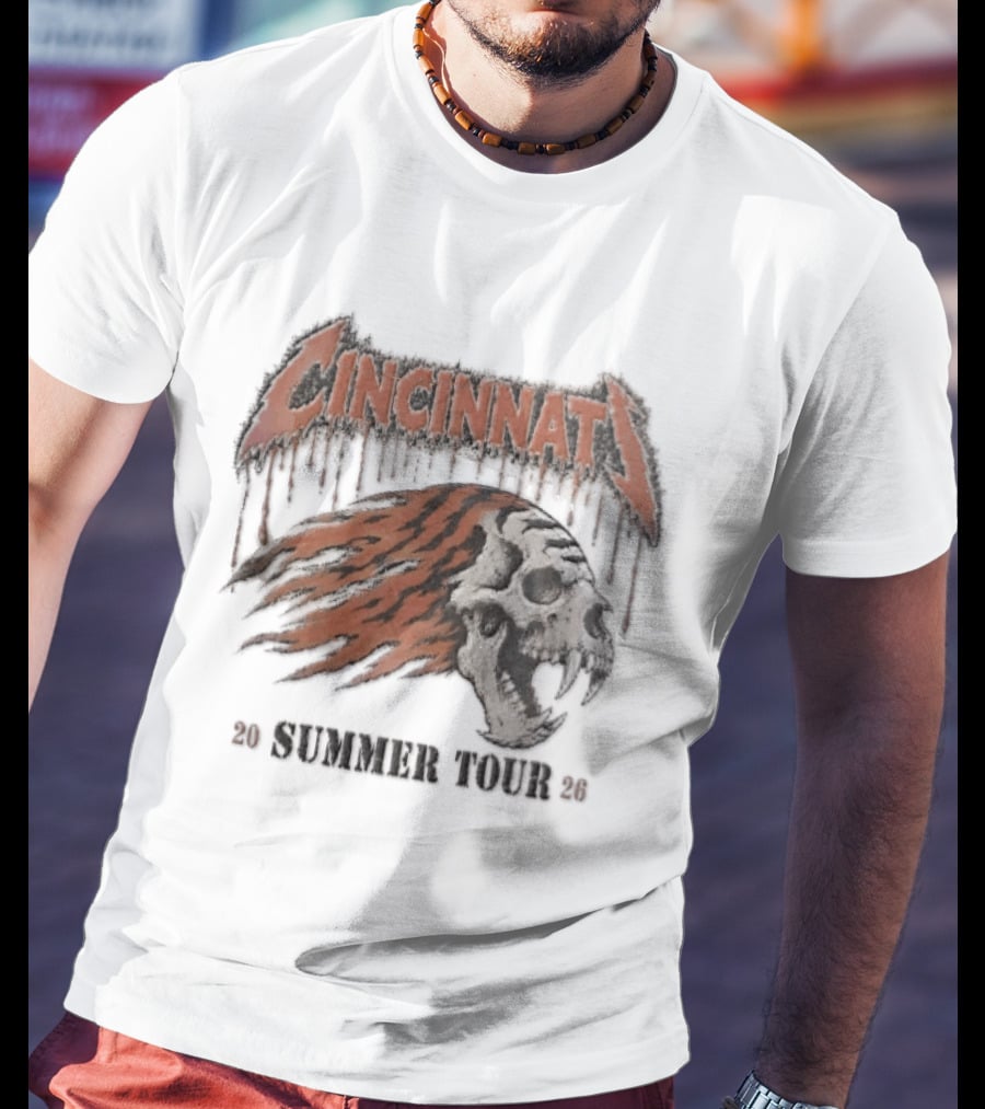 Cincinnati Bengals Tiger Skull Flaming Mane Summer Tour 2026 Distressed T-Shirt