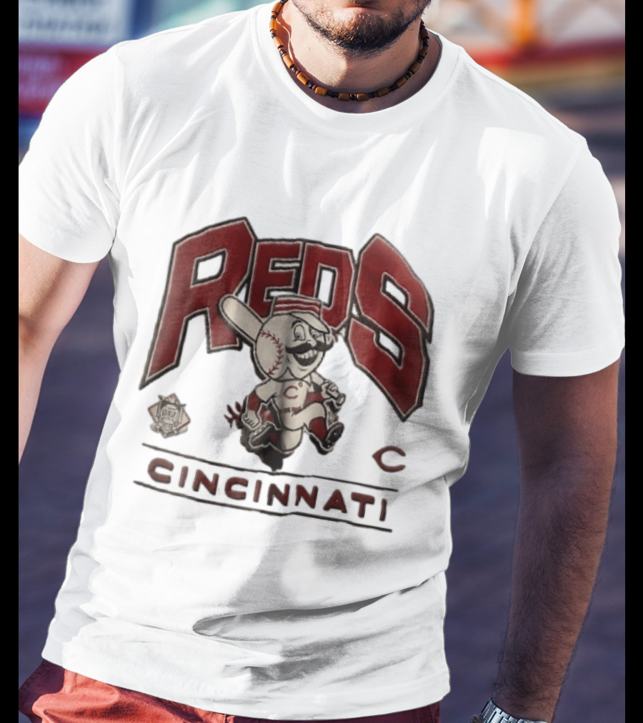 Cincinnati Reds Cartoon Running Bat Mascot Vintage MLB Fan Gear T-Shirt