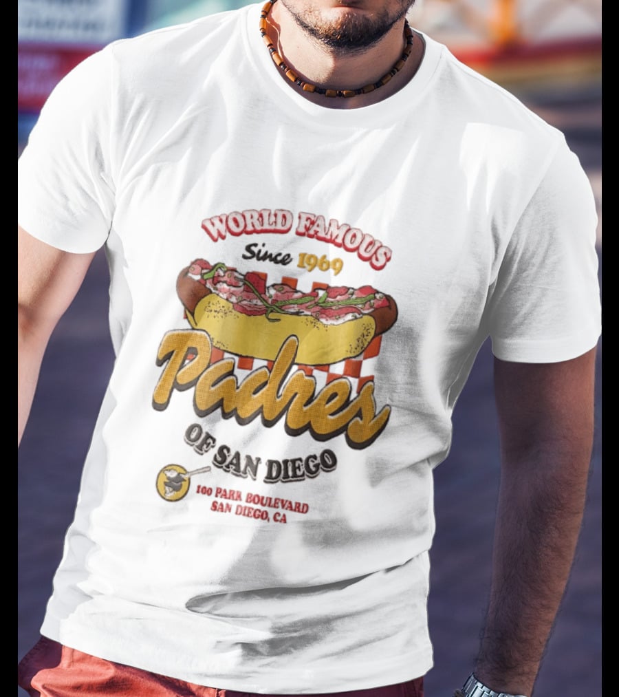 World Famous Padres Of San Diego Since 1969 Halftone Hot Dog 100 Park Boulevard CA T-Shirt