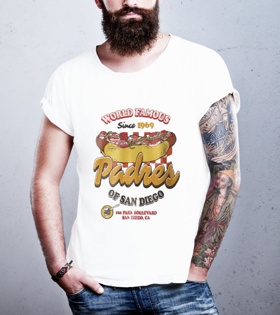 World Famous Padres Of San Diego Since 1969 Halftone Hot Dog 100 Park Boulevard CA T-Shirt