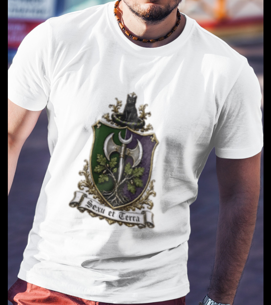 Sexu Et Terra Green Purple Shield Black Cat Axe And Tree Crest T-Shirt