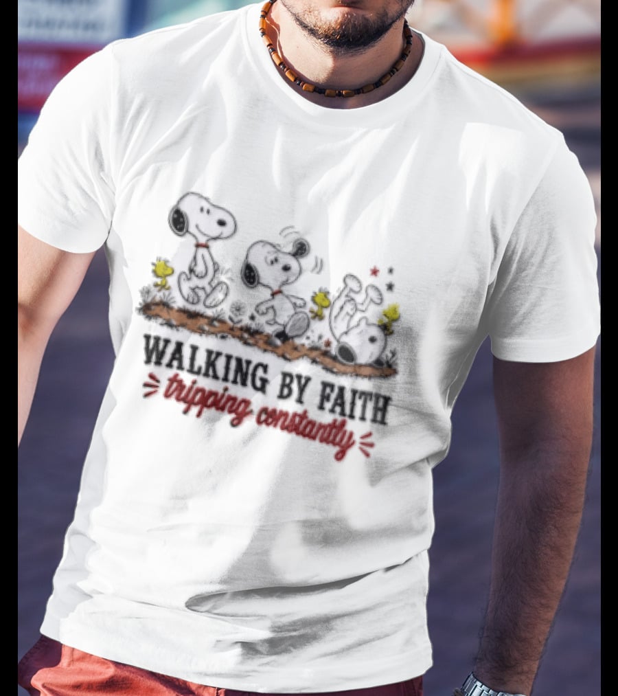 Snoopy Walking By Faith Tripping Constantly With Woodstock Friends T-Shirt
