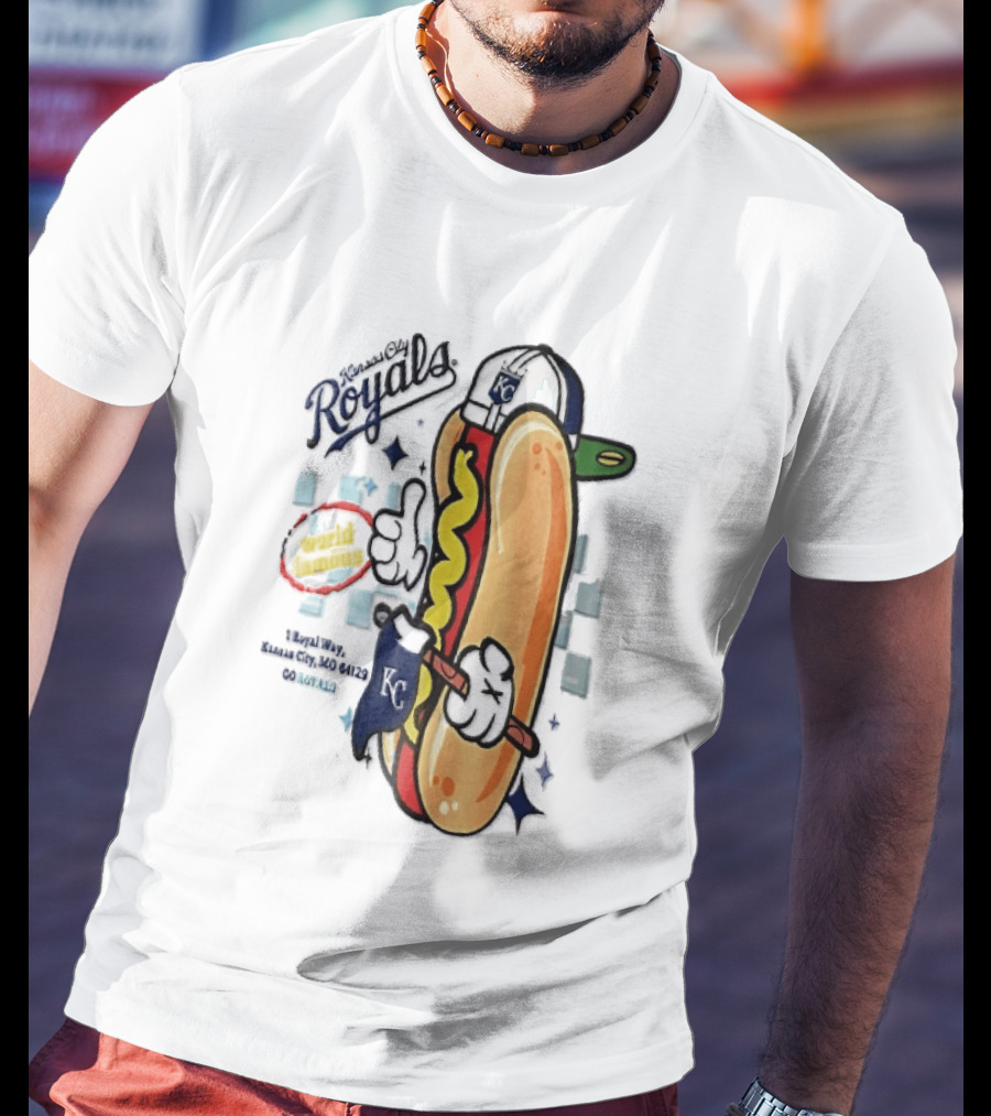 Kansas City Royals World Famous 1 Royal Way Mo 64129 Cartoon Hot Dog KC Cap T-Shirt