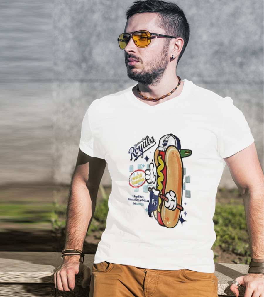 Kansas City Royals World Famous 1 Royal Way Mo 64129 Cartoon Hot Dog KC Cap T-Shirt