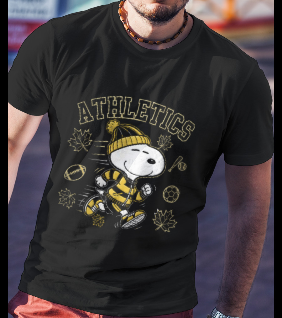 Athletics Snoopy Running Beanie Sports Equipment Maple Leaves Cartoon T-Shirt