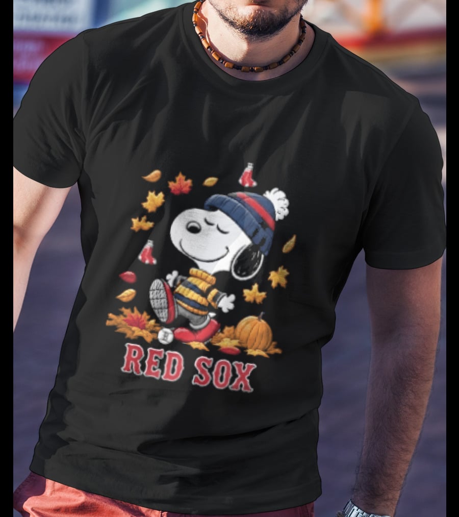 Boston Red Sox Snoopy Walking With Autumn Leaves And Pumpkin T-Shirt