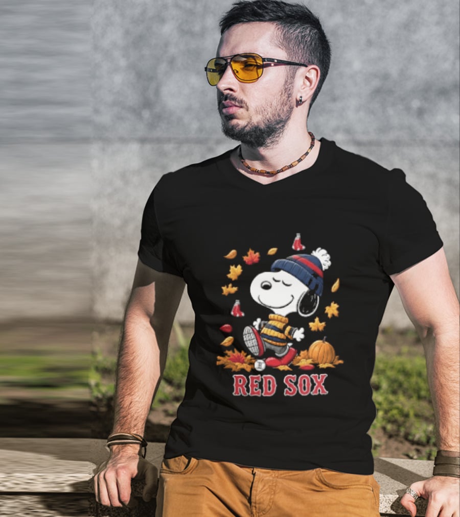 Boston Red Sox Snoopy Walking With Autumn Leaves And Pumpkin T-Shirt