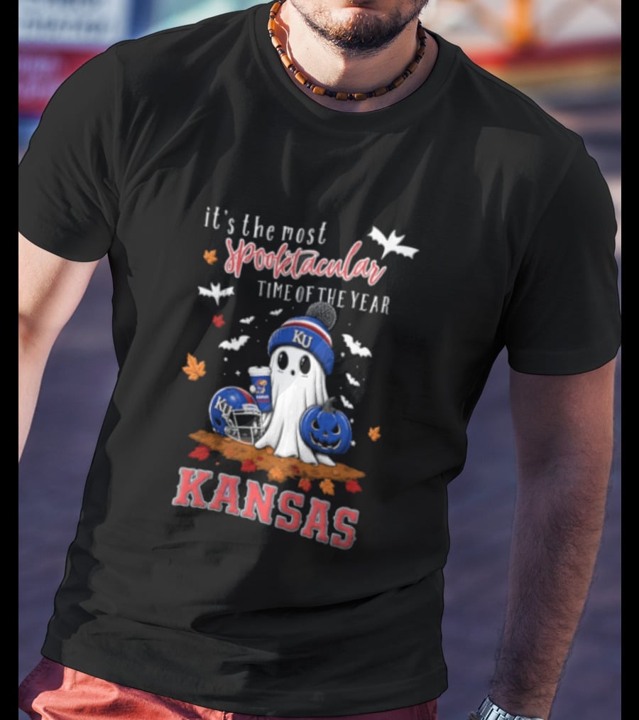Kansas Jayhawks It's The Most Spooktacular Time Of Year Ghost Beanie Pumpkin T-Shirt
