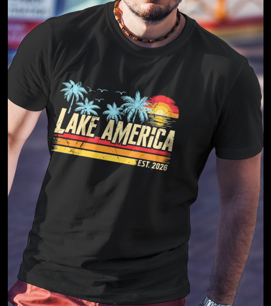 Lake America Est 2026 Tropical Vacation Sunset Palm Trees And Seagulls T-Shirt