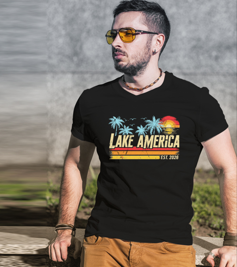 Lake America Est 2026 Tropical Vacation Sunset Palm Trees And Seagulls T-Shirt