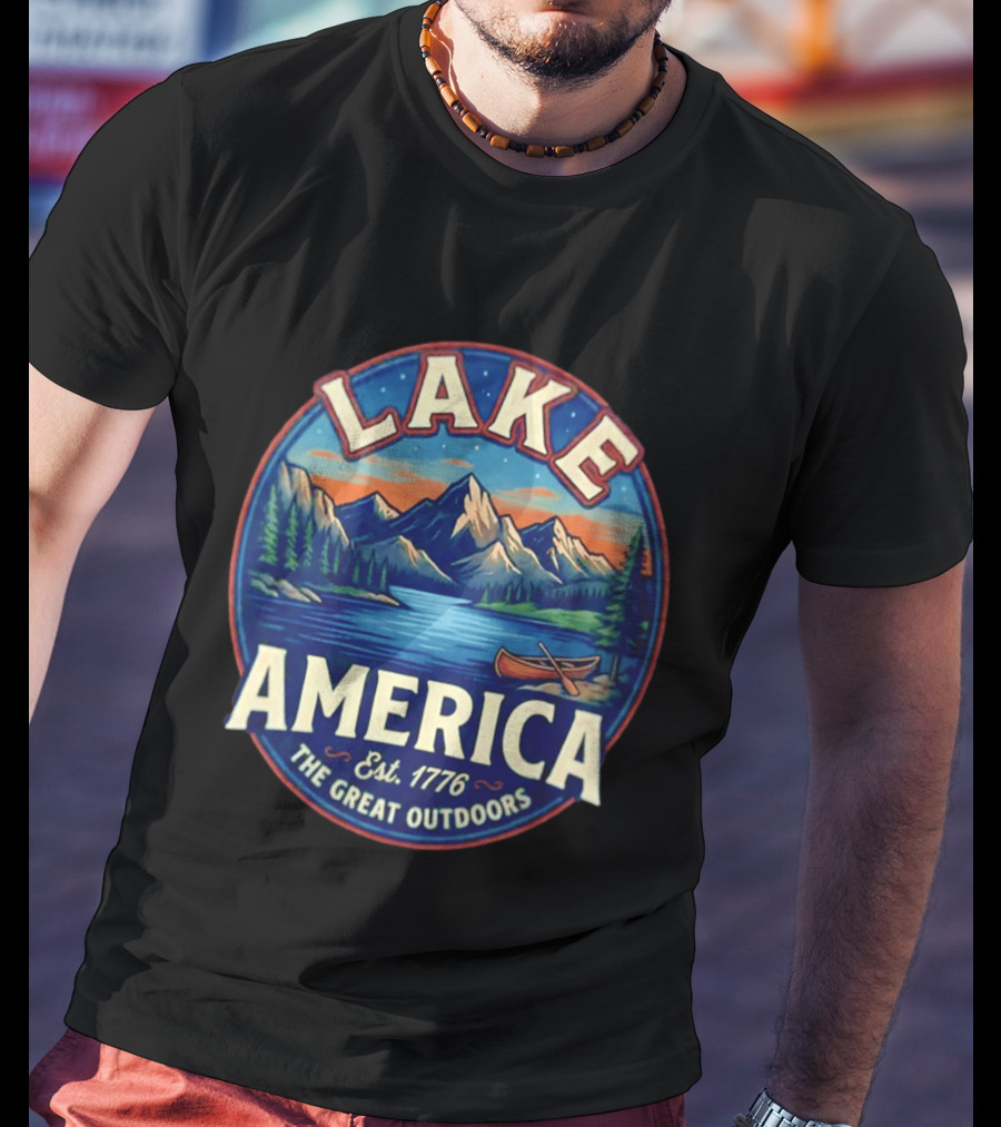 Lake America The Great Outdoors Est. 1776 Mountain Scene Canoe T-Shirt
