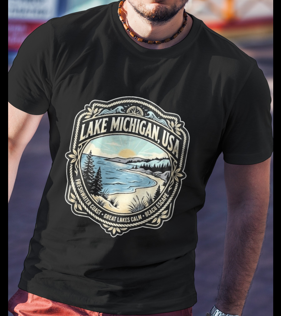 Lake Michigan USA Freshwater Coast Great Lakes Calm Beach Escape T-Shirt