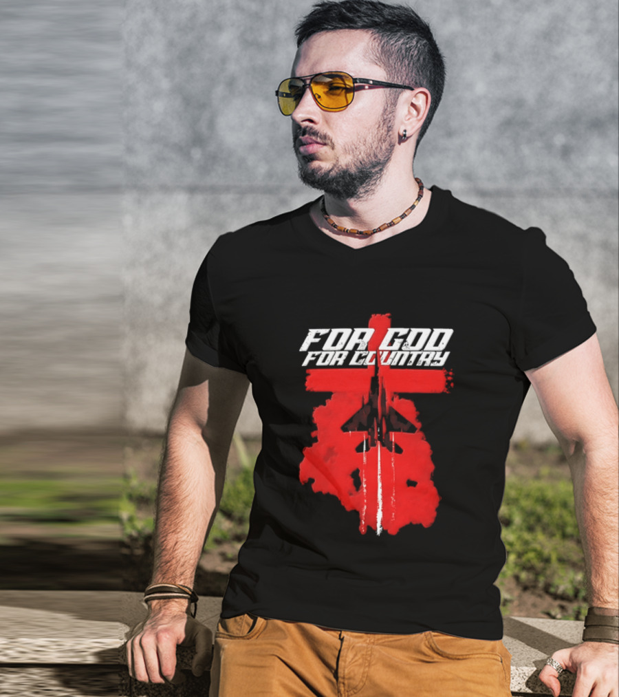 For God And For Country Red Fighter Jet Cross T-Shirt