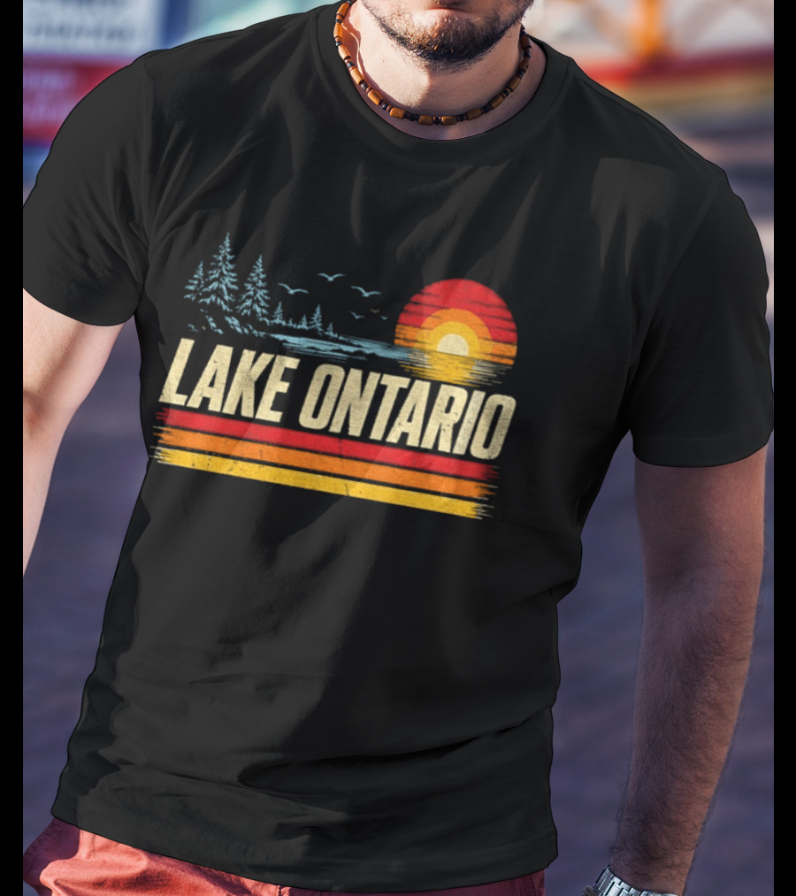 Lake Ontario Sunset Vintage Style With Pines And Birds T-Shirt