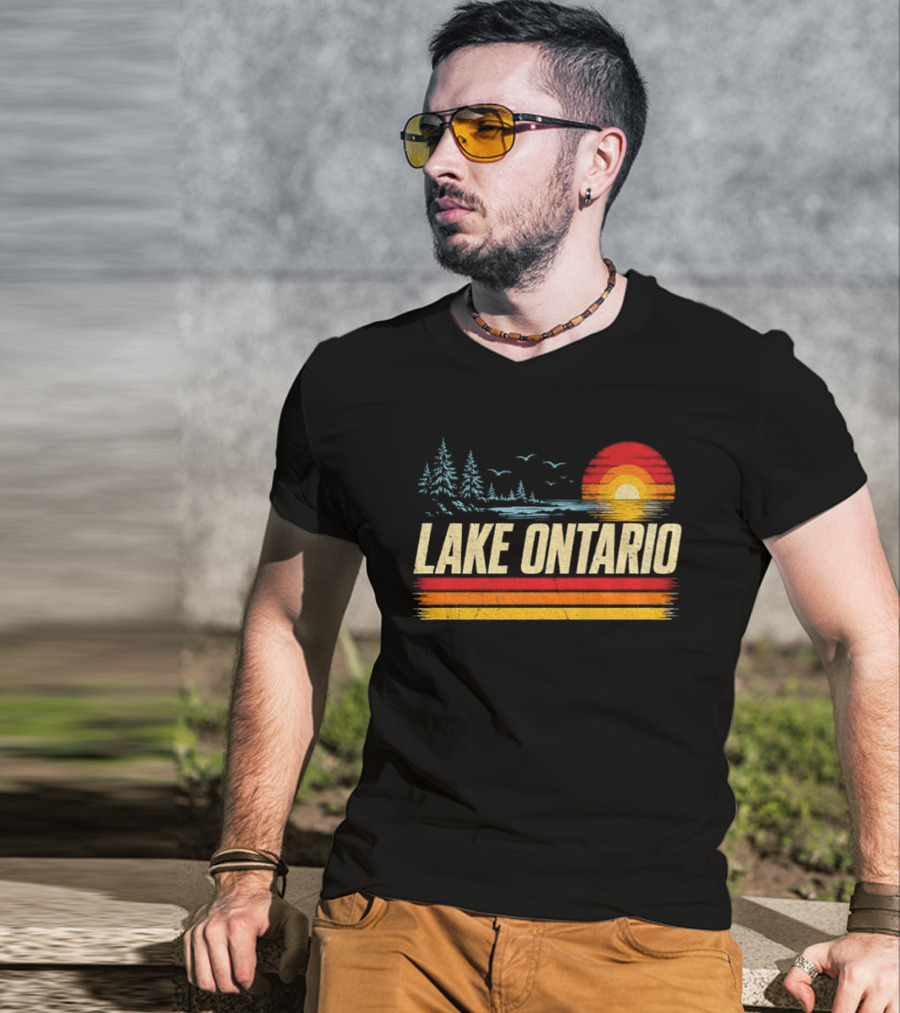 Lake Ontario Sunset Vintage Style With Pines And Birds T-Shirt