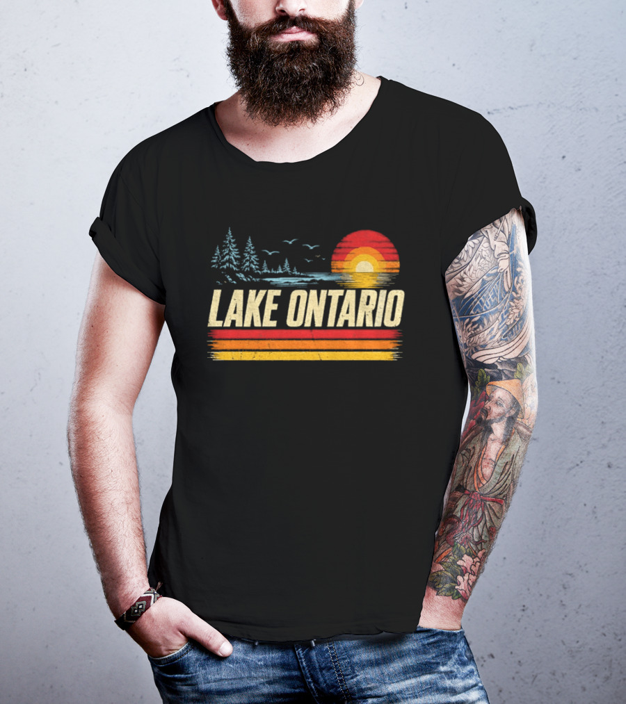 Lake Ontario Sunset Vintage Style With Pines And Birds T-Shirt
