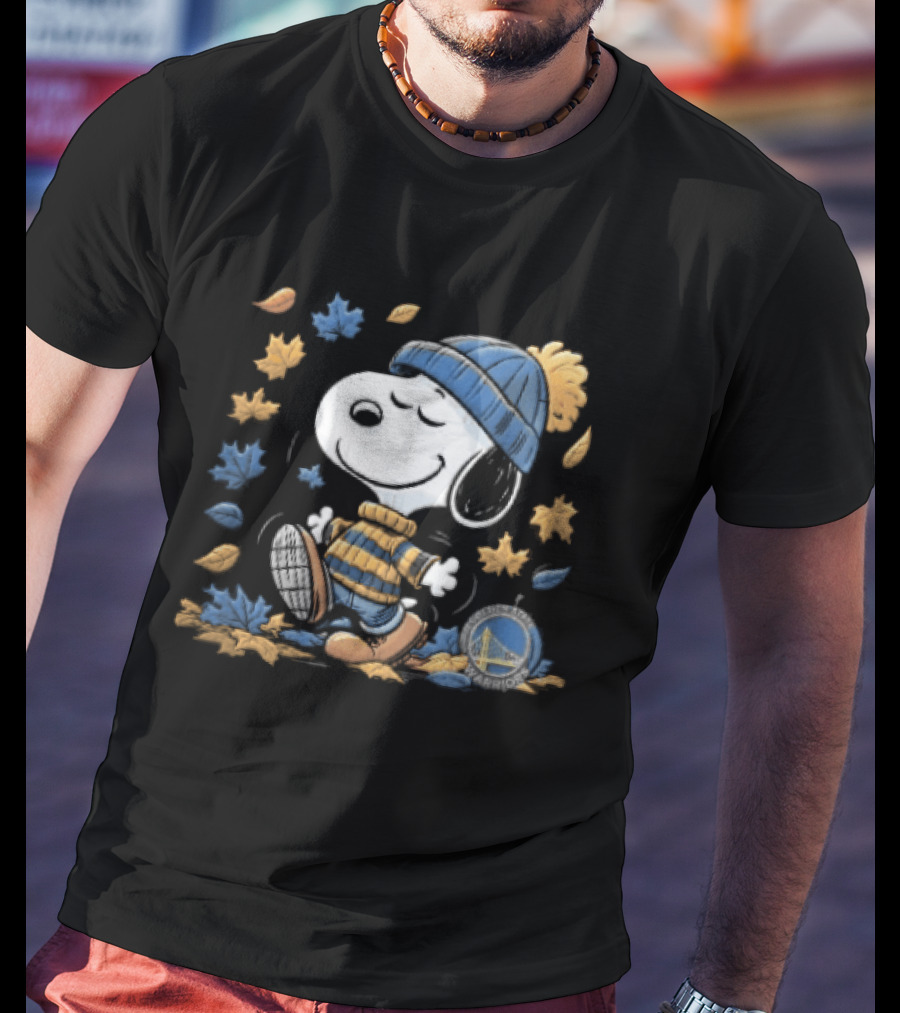 Golden State Warriors NBA Snoopy Autumn Leaves Beanie T-Shirt