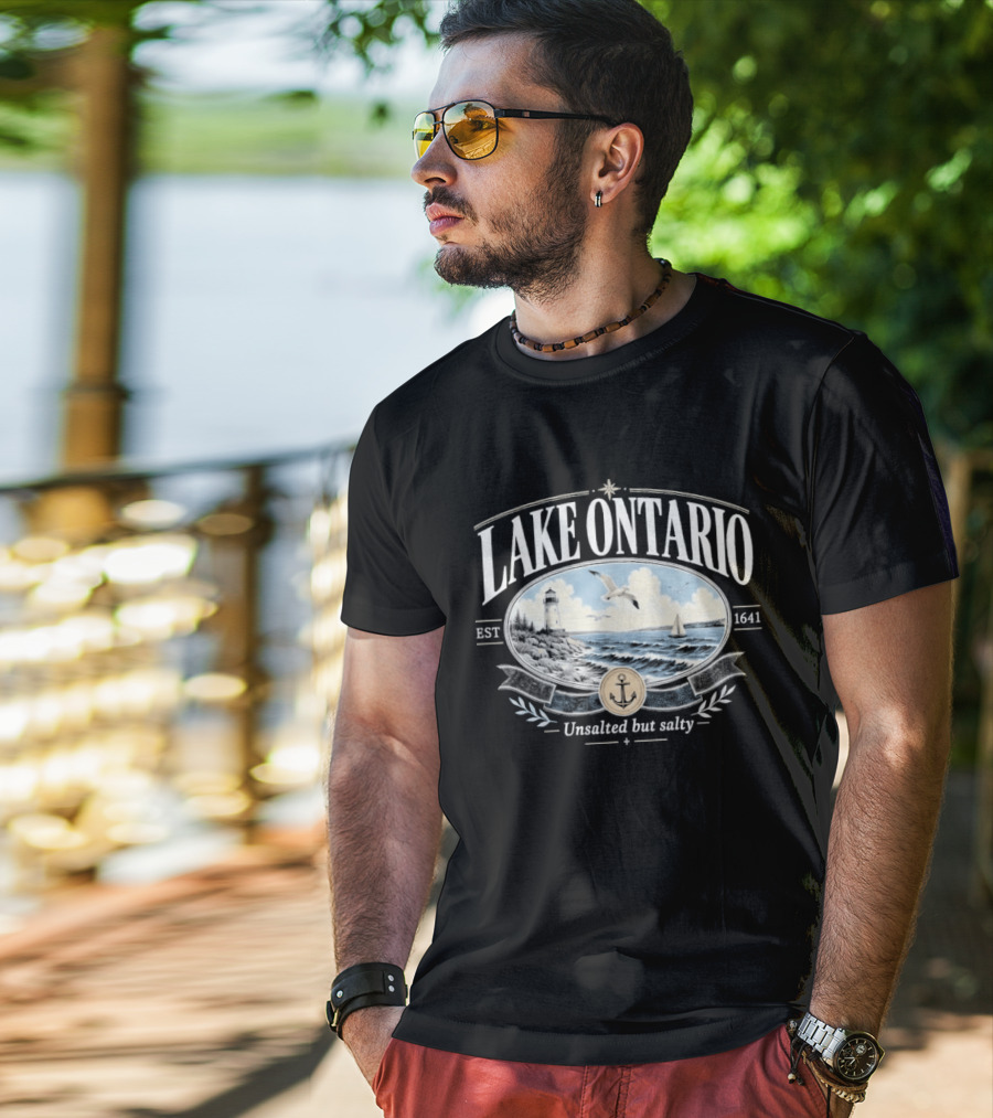 Lake Ontario Unsalted But Salty EST 1641 Seagull Lighthouse Sailboat Scene T-Shirt
