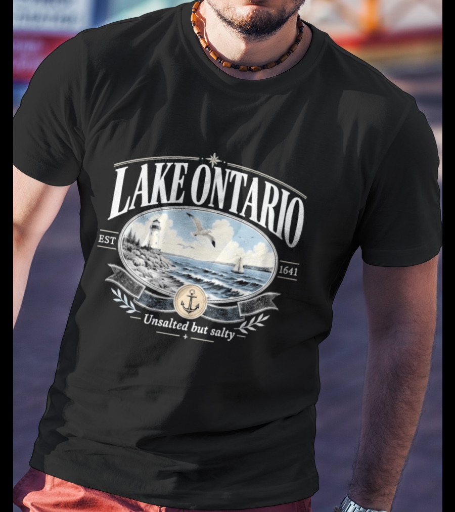 Lake Ontario Unsalted But Salty EST 1641 Seagull Lighthouse Sailboat Scene T-Shirt