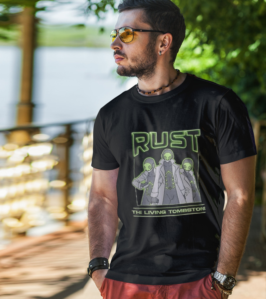 RUST The Living Tombstone Three Masked Figures Glowing Neon Trench Coats T-Shirt