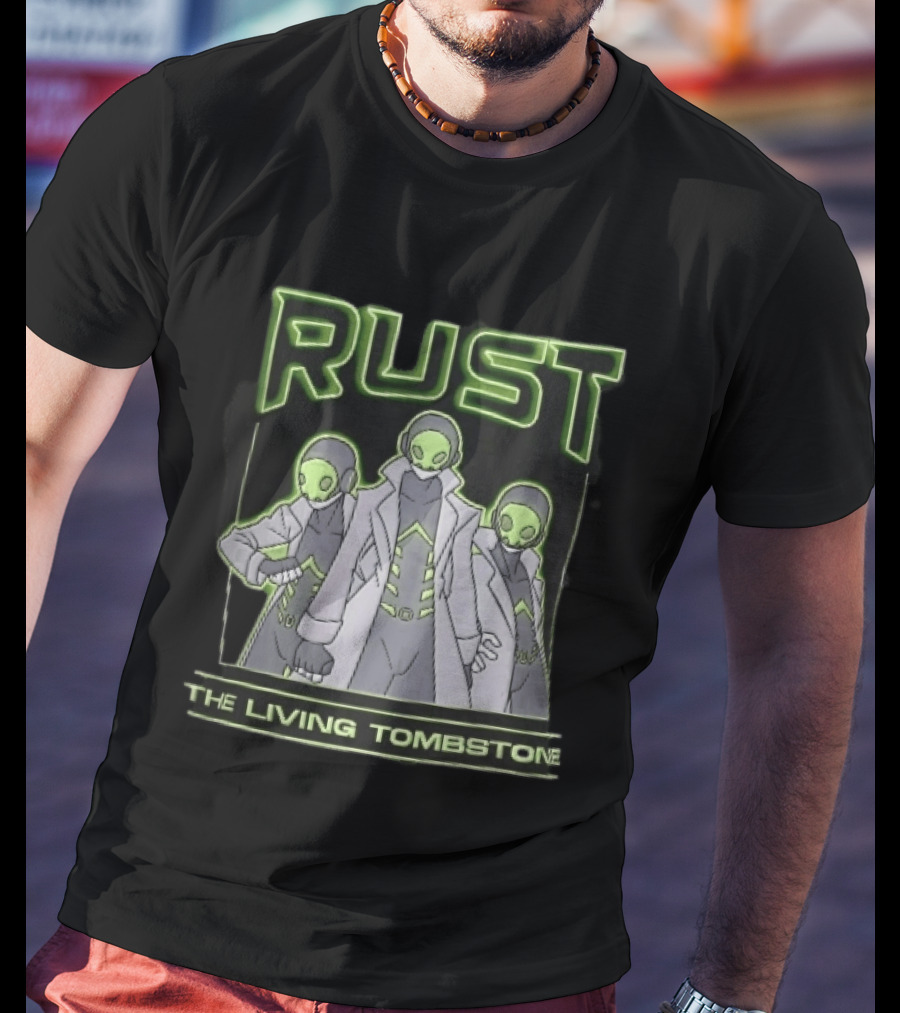 RUST The Living Tombstone Three Masked Figures Glowing Neon Trench Coats T-Shirt